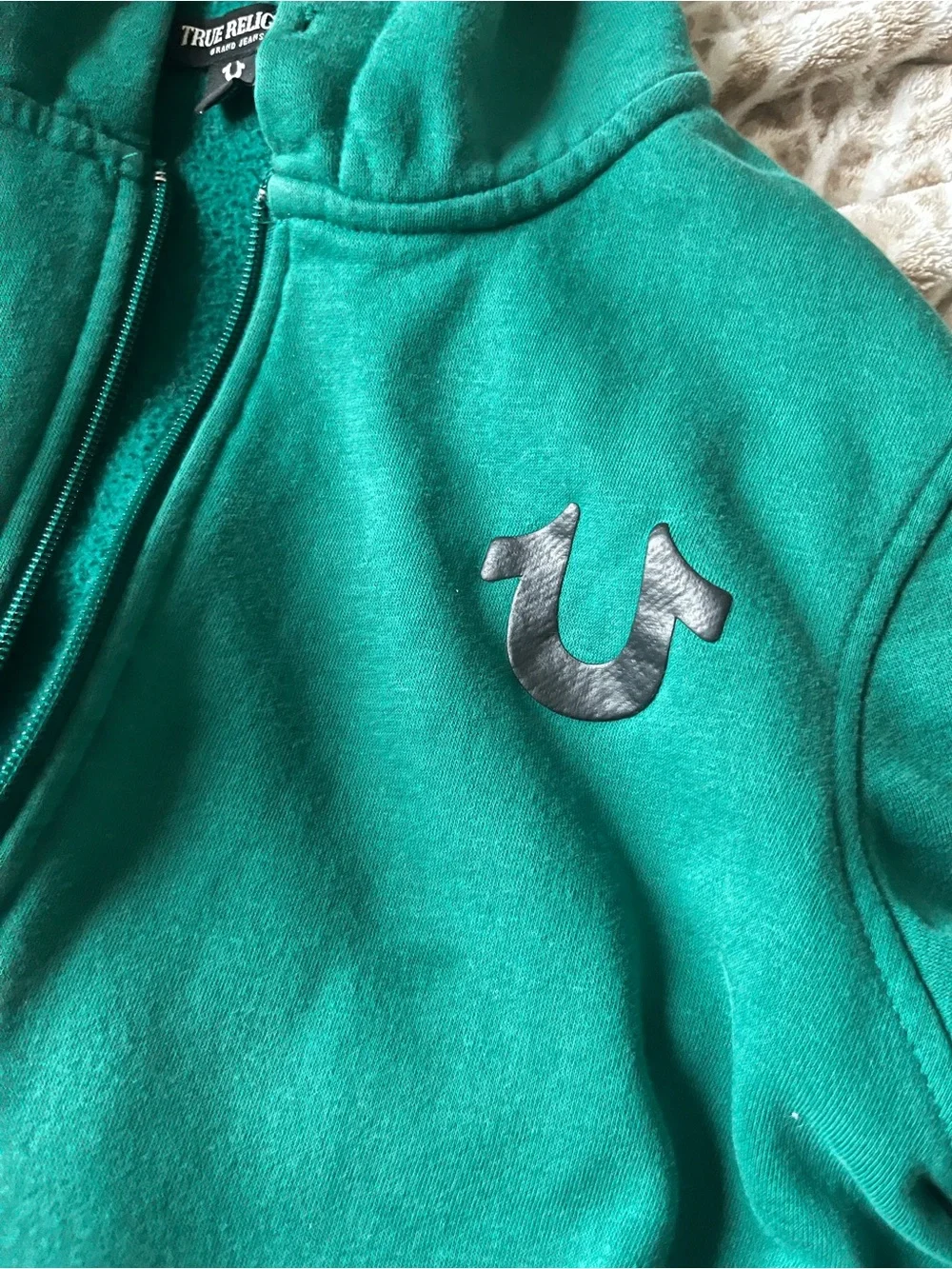 True Religion Mens Teal Full-Zip Hoodie with Silver Logo